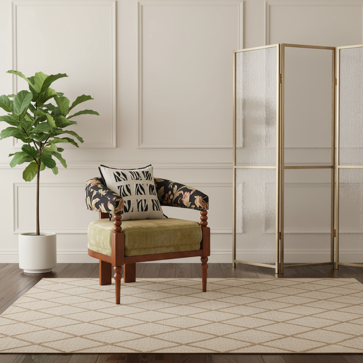 Traditional French Solid Ash Wood Curved Handrail Cotton-Linen Blend Accent Chair & Table Set For Living Room