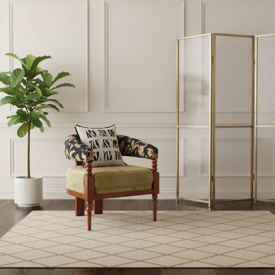 Traditional French Solid Ash Wood Curved Handrail Cotton-Linen Blend Accent Chair & Table Set For Living Room