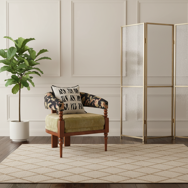 Traditional French Solid Ash Wood Curved Handrail Cotton-Linen Blend Accent Chair & Table Set For Living Room