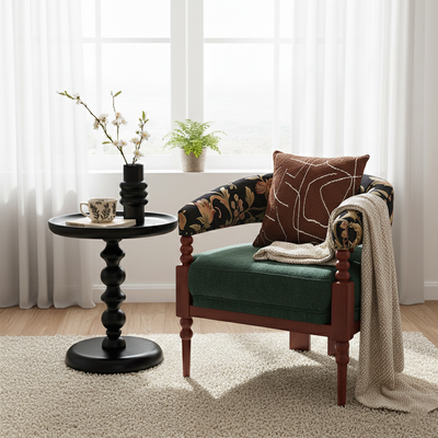 Traditional French Solid Ash Wood Curved Handrail Cotton-Linen Blend Accent Chair & Table Set For Living Room