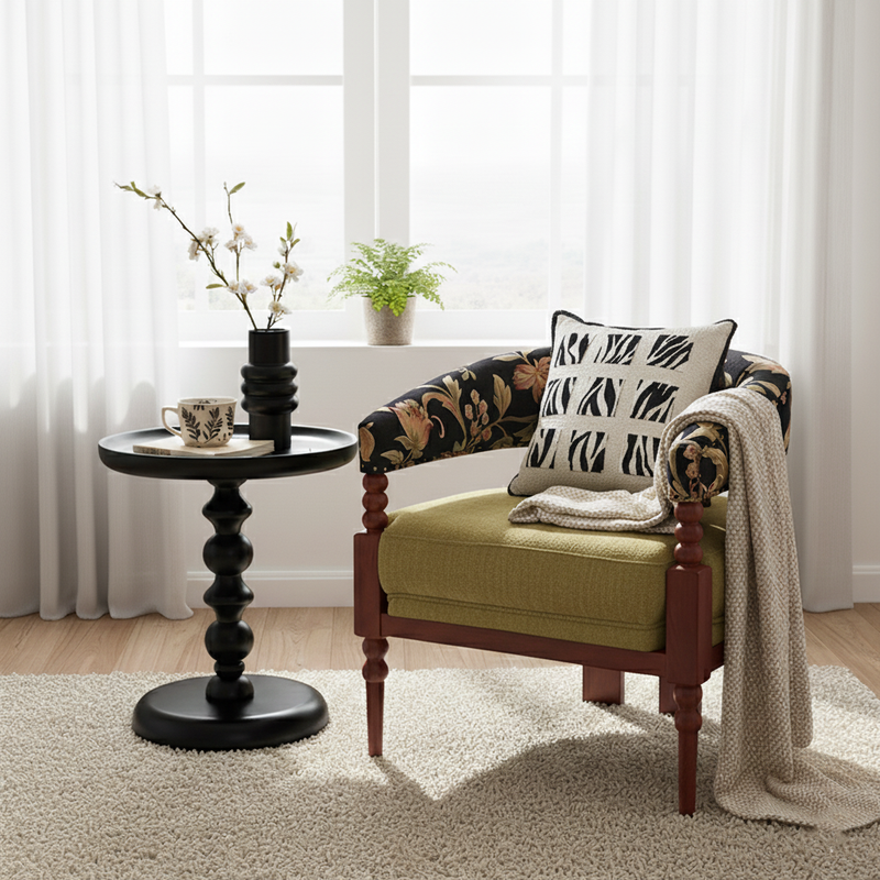 Traditional French Solid Ash Wood Curved Handrail Cotton-Linen Blend Accent Chair & Table Set For Living Room