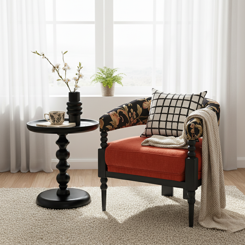 Traditional French Solid Ash Wood Curved Handrail Cotton-Linen Blend Accent Chair & Table Set For Living Room