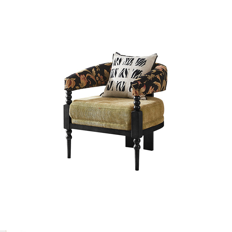 Traditional French Solid Ash Wood Curved Handrail Cotton-Linen Blend Accent Chair & Table Set For Living Room