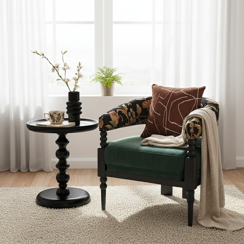Traditional French Solid Ash Wood Curved Handrail Cotton-Linen Blend Accent Chair & Table Set For Living Room