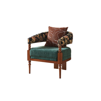 Traditional French Solid Ash Wood Curved Handrail Cotton-Linen Blend Accent Chair & Table Set For Living Room