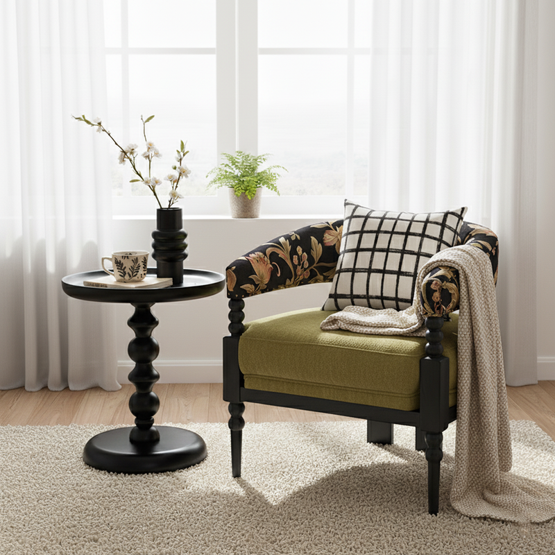 Traditional French Solid Ash Wood Curved Handrail Cotton-Linen Blend Accent Chair & Table Set For Living Room