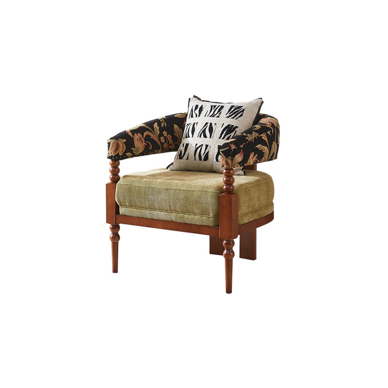 Traditional French Solid Ash Wood Curved Handrail Cotton-Linen Blend Accent Chair & Table Set For Living Room