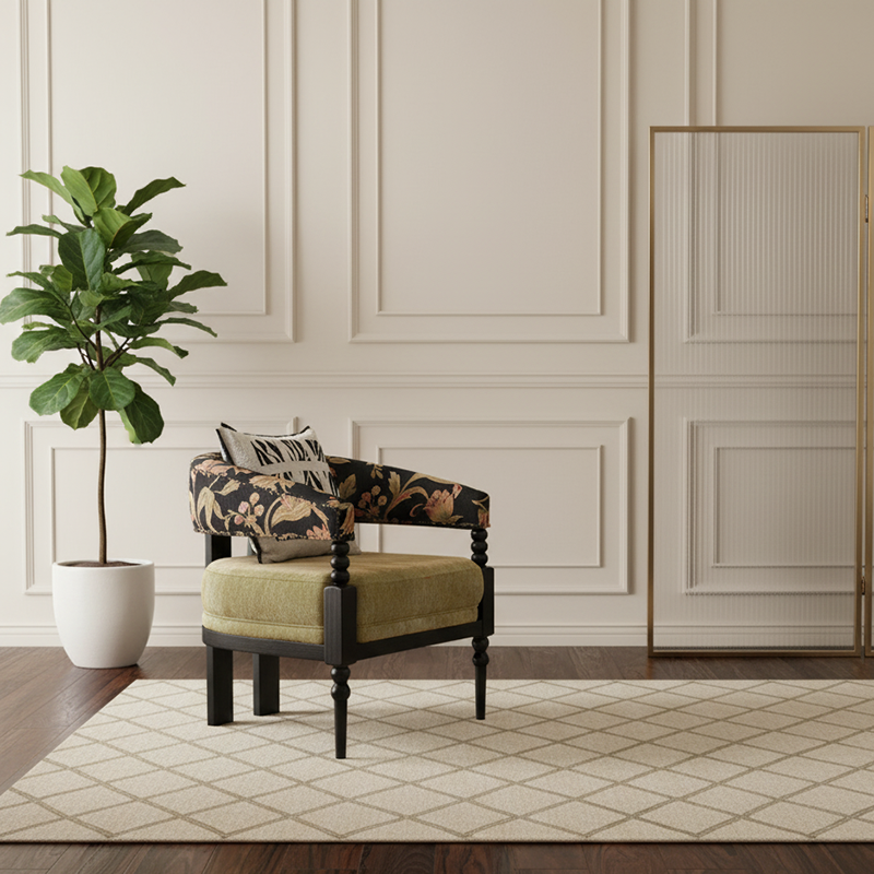 Traditional French Solid Ash Wood Curved Handrail Cotton-Linen Blend Accent Chair & Table Set For Living Room