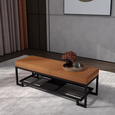 Modern Minimalist Rectangular Wrought Iron PU Leather Tech Fabric Shoe Bench 2-Tier For Entryway