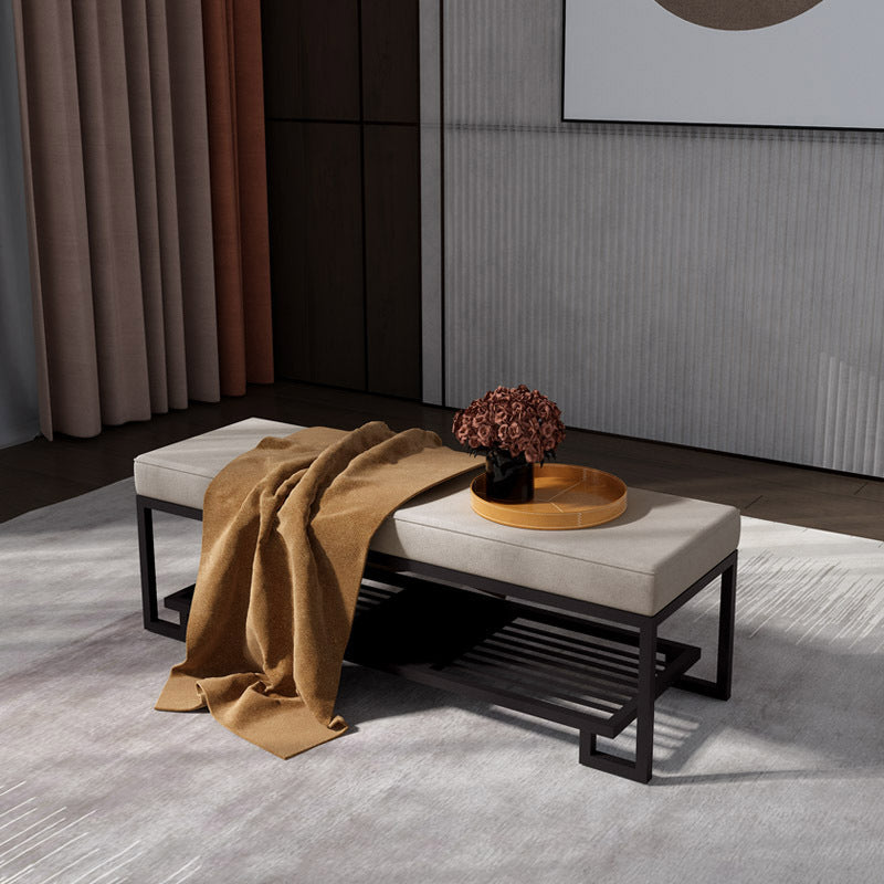 Modern Minimalist Rectangular Wrought Iron PU Leather Tech Fabric Shoe Bench 2-Tier For Entryway