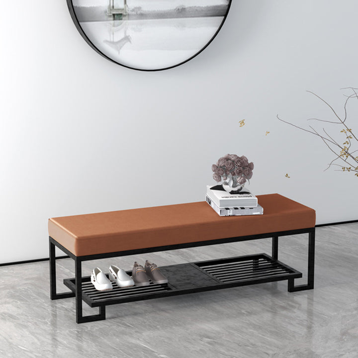 Moderner minimalistischer rechteckiger Schuhbank aus Schmiedeeisen mit PU-Leder und synthetischem Stoff, 2 Ebenen, für den Eingangsbereich 