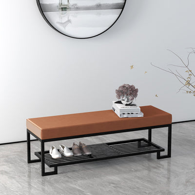 Modern Minimalist Rectangular Wrought Iron PU Leather Tech Fabric Shoe Bench 2-Tier For Entryway