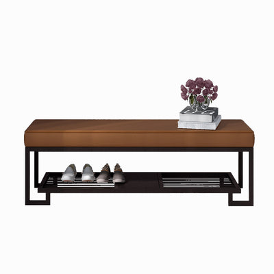 Modern Minimalist Rectangular Wrought Iron PU Leather Tech Fabric Shoe Bench 2-Tier For Entryway