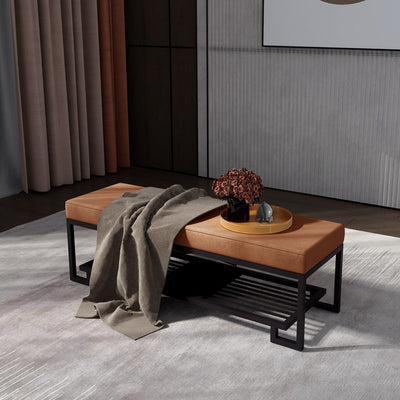 Modern Minimalist Rectangular Wrought Iron PU Leather Tech Fabric Shoe Bench 2-Tier For Entryway