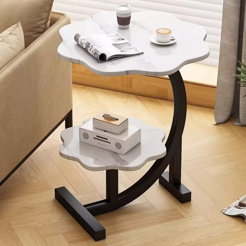 Mesa auxiliar de diseño moderno minimalista de pétalo de MDF y hierro forjado de 2 niveles para sala de estar 