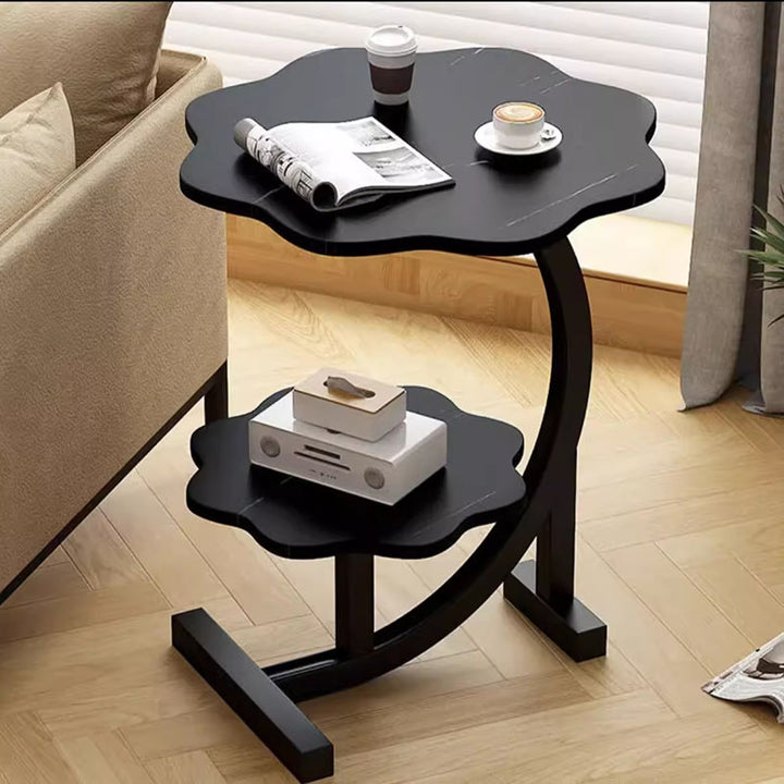 Mesa auxiliar de diseño moderno minimalista de pétalo de MDF y hierro forjado de 2 niveles para sala de estar 