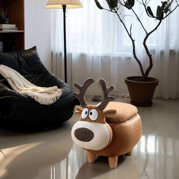 Modern Minimalist Reindeer Solid Wood Velvet Kids Stool 1-Storage For Living Room