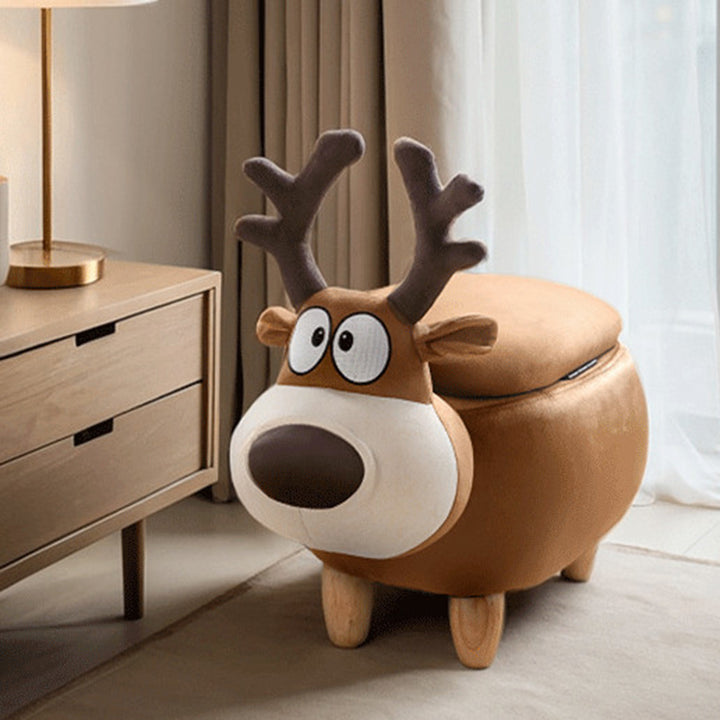 Modern Minimalist Reindeer Solid Wood Velvet Kids Stool 1-Storage For Living Room