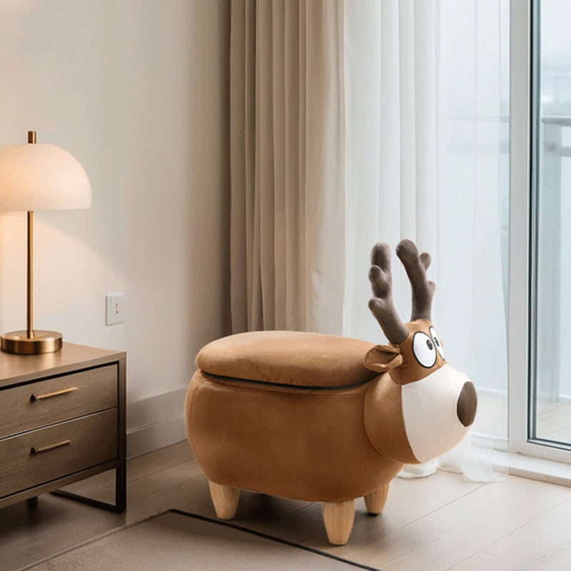 Modern Minimalist Reindeer Solid Wood Velvet Kids Stool 1-Storage For Living Room