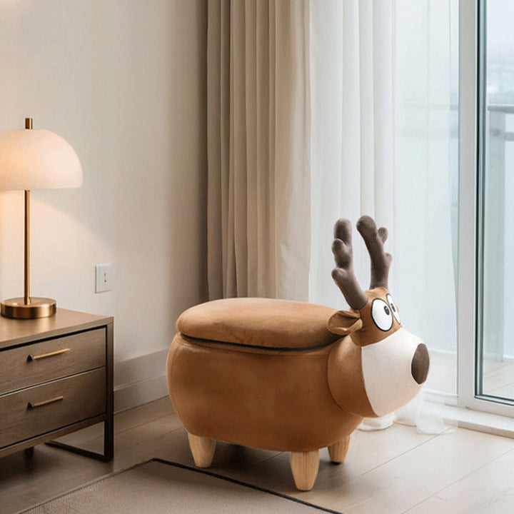 Modern Minimalist Reindeer Solid Wood Velvet Kids Stool 1-Storage For Living Room