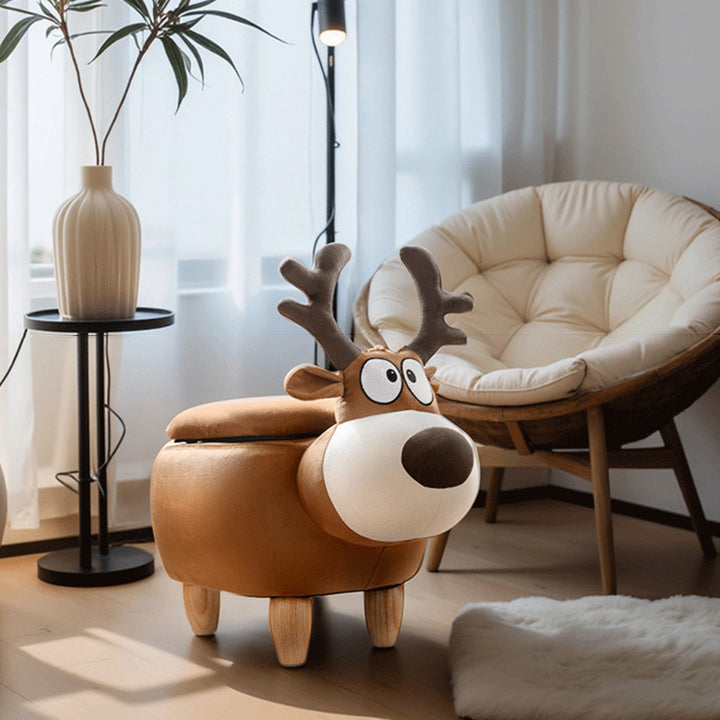 Modern Minimalist Reindeer Solid Wood Velvet Kids Stool 1-Storage For Living Room