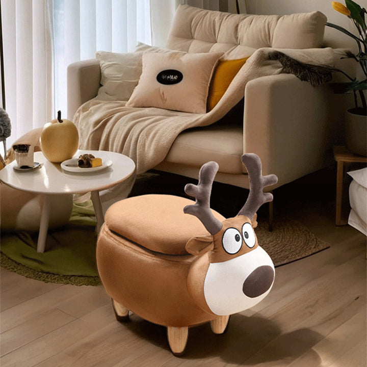 Modern Minimalist Reindeer Solid Wood Velvet Kids Stool 1-Storage For Living Room