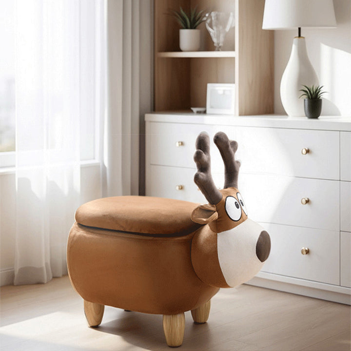 Modern Minimalist Reindeer Solid Wood Velvet Kids Stool 1-Storage For Living Room
