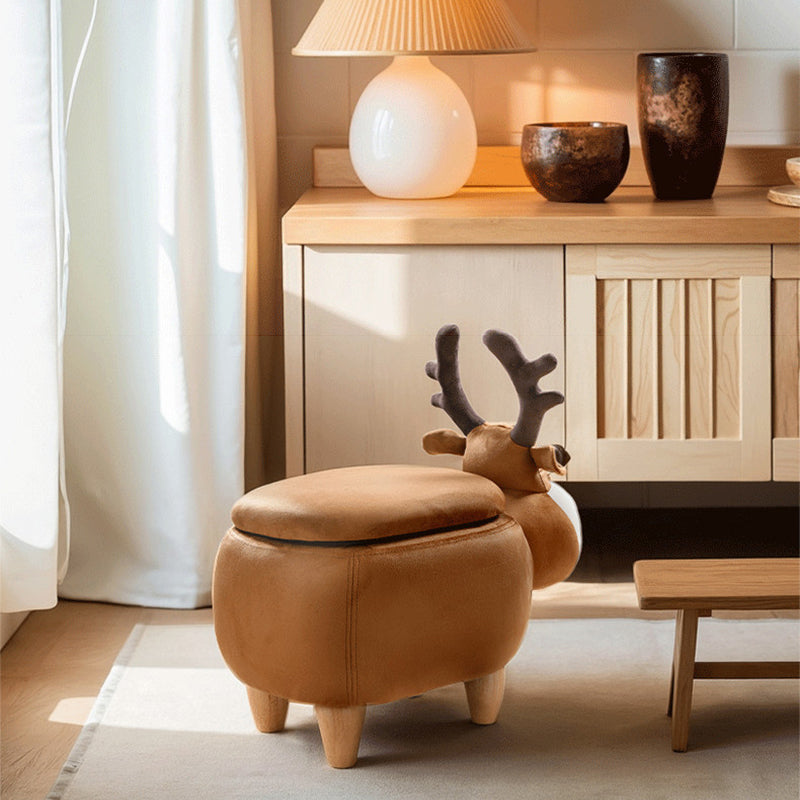 Modern Minimalist Reindeer Solid Wood Velvet Kids Stool 1-Storage For Living Room