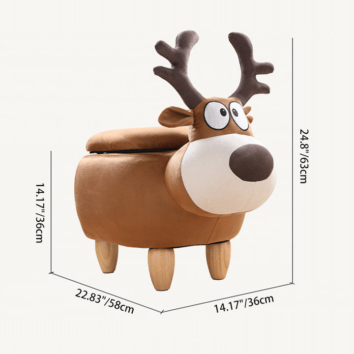 Modern Minimalist Reindeer Solid Wood Velvet Kids Stool 1-Storage For Living Room