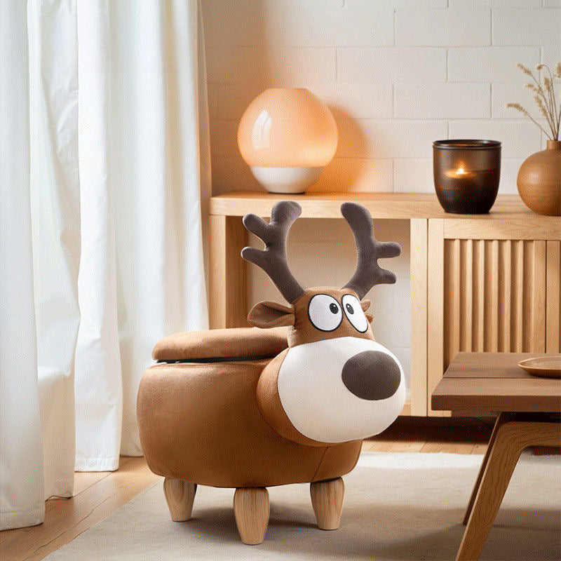 Modern Minimalist Reindeer Solid Wood Velvet Kids Stool 1-Storage For Living Room