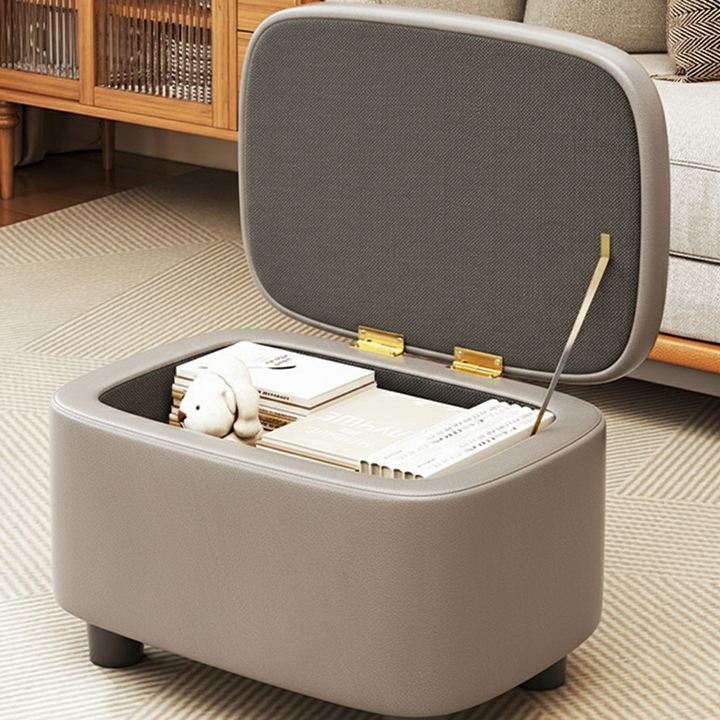 Moderner minimalistischer Hocker aus massivem Holz mit abgerundeten Kanten und PU-Leder, 1-Staufach für den Eingangsbereich 