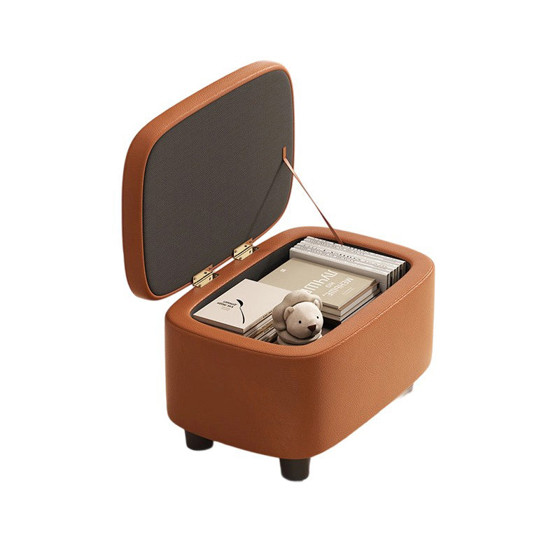Moderner minimalistischer Hocker aus massivem Holz mit abgerundeten Kanten und PU-Leder, 1-Staufach für den Eingangsbereich 