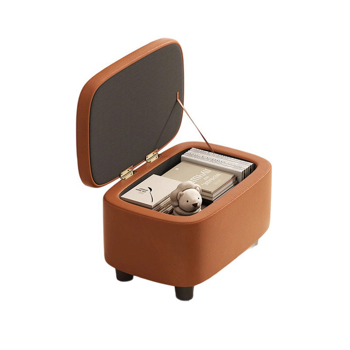 Moderner minimalistischer Hocker aus massivem Holz mit abgerundeten Kanten und PU-Leder, 1-Staufach für den Eingangsbereich 