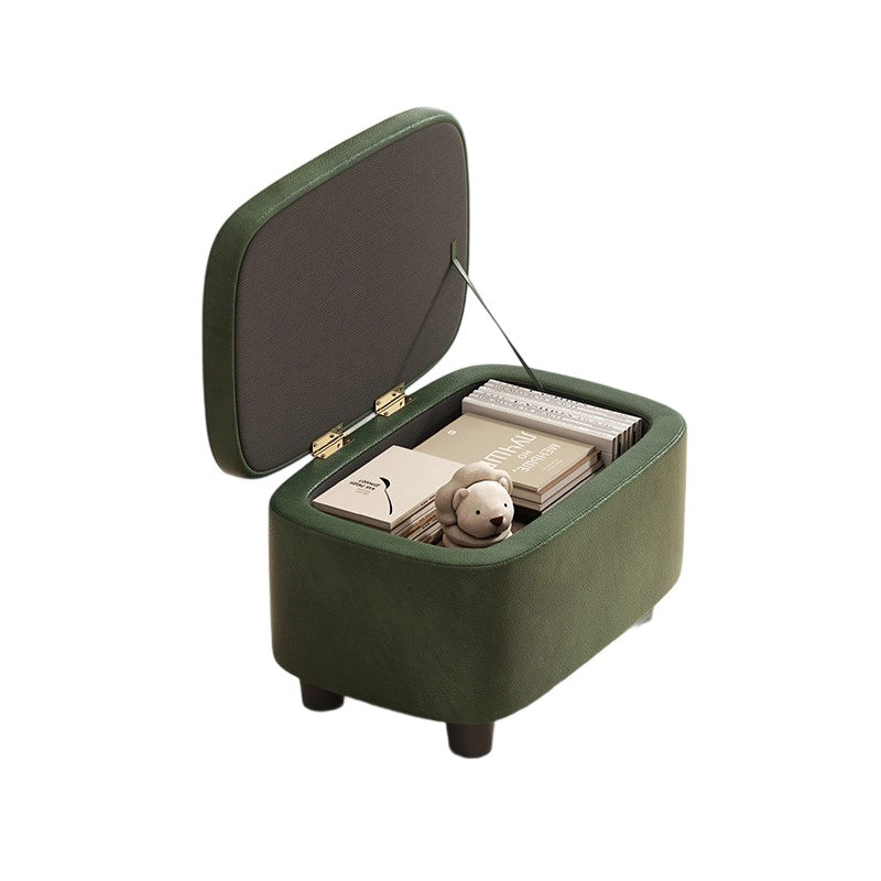Moderner minimalistischer Hocker aus massivem Holz mit abgerundeten Kanten und PU-Leder, 1-Staufach für den Eingangsbereich 