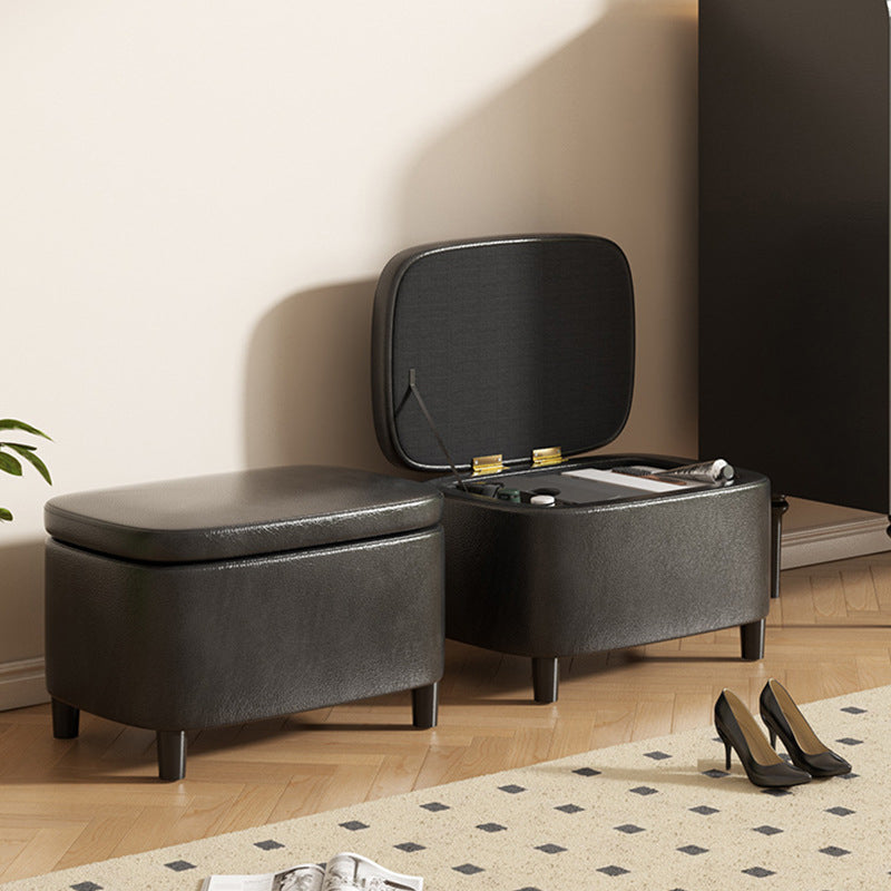 Moderner minimalistischer Hocker aus massivem Holz mit abgerundeten Kanten und PU-Leder, 1-Staufach für den Eingangsbereich 
