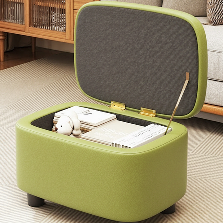 Moderner minimalistischer Hocker aus massivem Holz mit abgerundeten Kanten und PU-Leder, 1-Staufach für den Eingangsbereich 