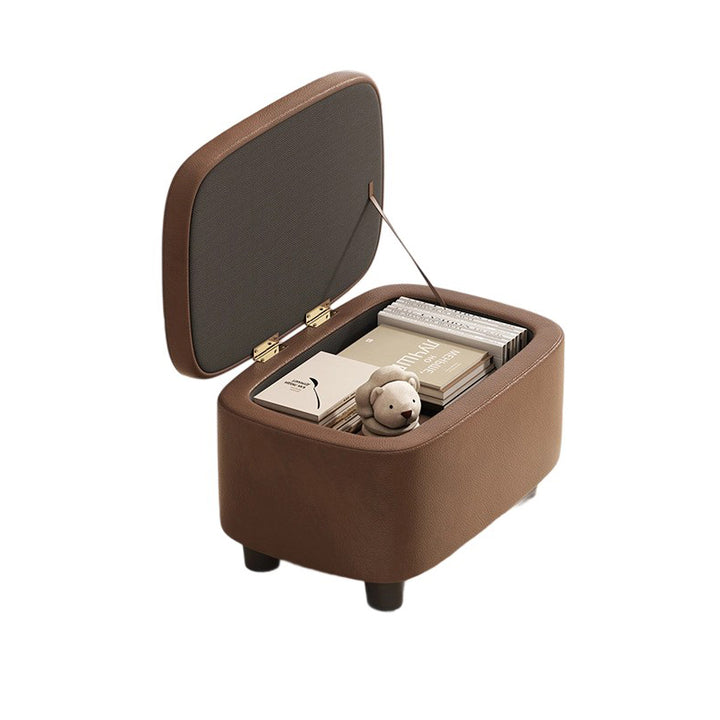 Moderner minimalistischer Hocker aus massivem Holz mit abgerundeten Kanten und PU-Leder, 1-Staufach für den Eingangsbereich 