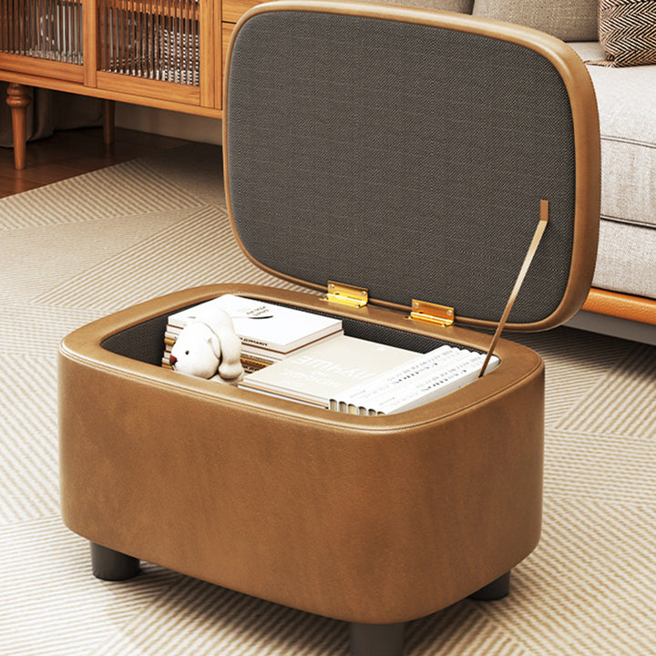Moderner minimalistischer Hocker aus massivem Holz mit abgerundeten Kanten und PU-Leder, 1-Staufach für den Eingangsbereich 