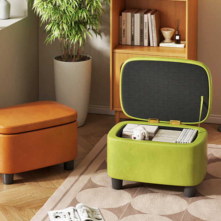 Moderner minimalistischer Hocker aus massivem Holz mit abgerundeten Kanten und PU-Leder, 1-Staufach für den Eingangsbereich 