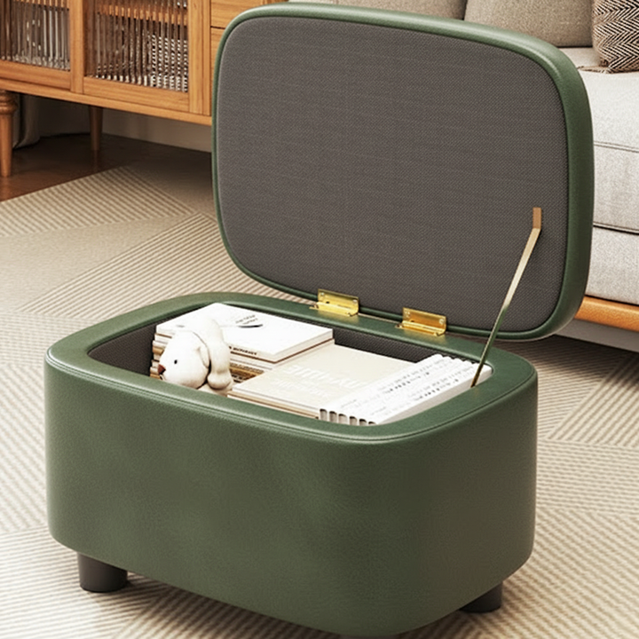 Moderner minimalistischer Hocker aus massivem Holz mit abgerundeten Kanten und PU-Leder, 1-Staufach für den Eingangsbereich 