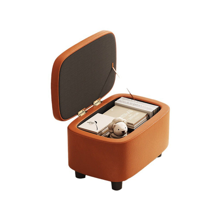 Moderner minimalistischer Hocker aus massivem Holz mit abgerundeten Kanten und PU-Leder, 1-Staufach für den Eingangsbereich 