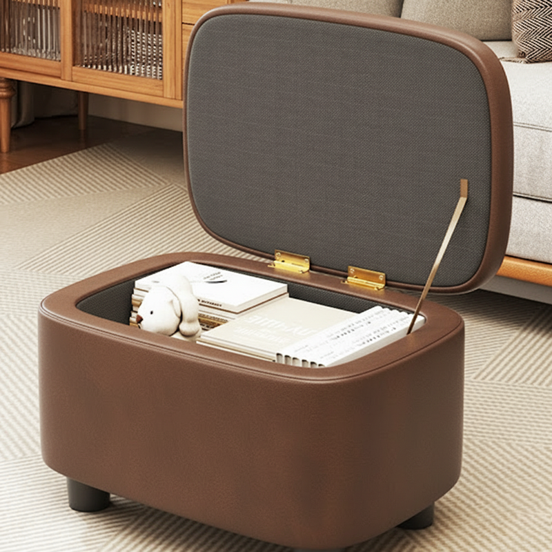 Moderner minimalistischer Hocker aus massivem Holz mit abgerundeten Kanten und PU-Leder, 1-Staufach für den Eingangsbereich 