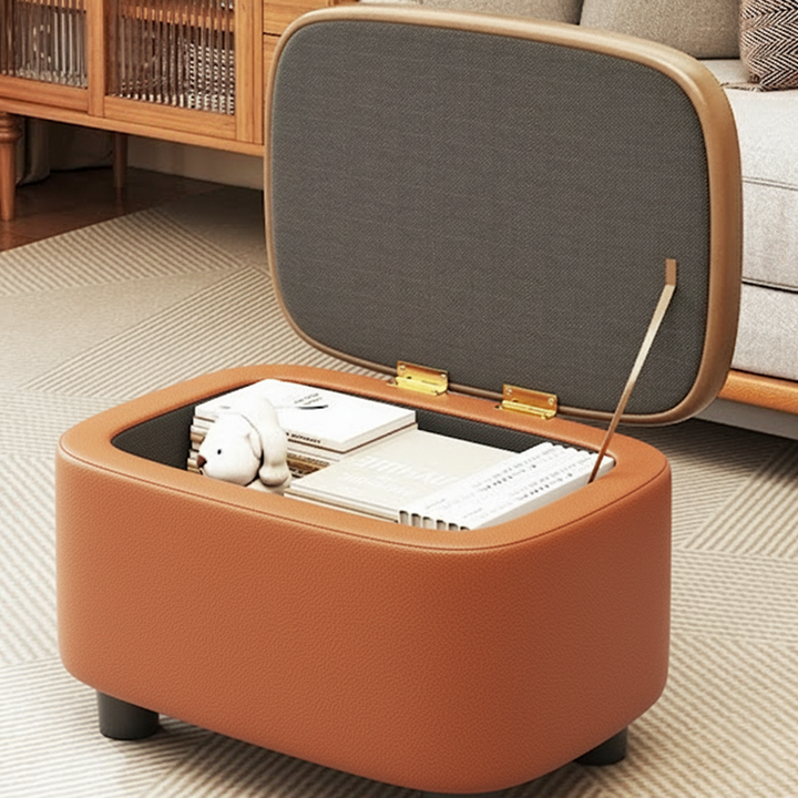 Moderner minimalistischer Hocker aus massivem Holz mit abgerundeten Kanten und PU-Leder, 1-Staufach für den Eingangsbereich 