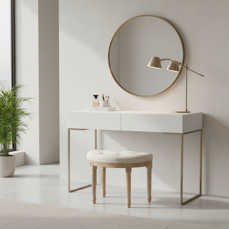 Traditional Rustic Semicircle Solid Wood Linen Vanity Stool Backless Armless For Bedroom