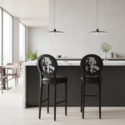 Traditional French Oval Back Fluted Legs Solid Wood Oil-wax Leather Linen Bar Stool With Backrest For Dining Room