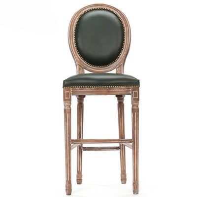 Traditional French Oval Back Fluted Legs Solid Wood Oil-wax Leather Linen Bar Stool With Backrest For Dining Room