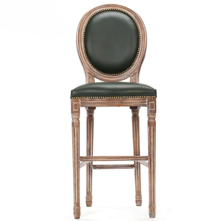 Traditional French Oval Back Fluted Legs Solid Wood Oil-wax Leather Linen Bar Stool With Backrest For Dining Room