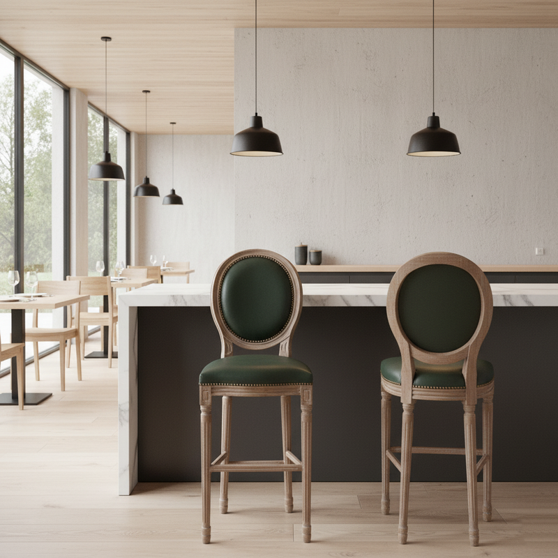 Traditional French Oval Back Fluted Legs Solid Wood Oil-wax Leather Linen Bar Stool With Backrest For Dining Room