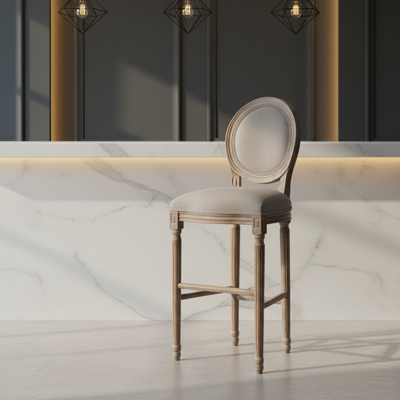 Traditioneller französischer Barhocker mit ovaler Rückenlehne, geriffelten Beinen aus Massivholz, Öl-Wachs-Leder und Leinen mit Rückenlehne für das Esszimmer 