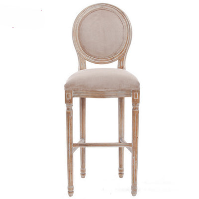 Traditional French Oval Back Fluted Legs Solid Wood Oil-wax Leather Linen Bar Stool With Backrest For Dining Room